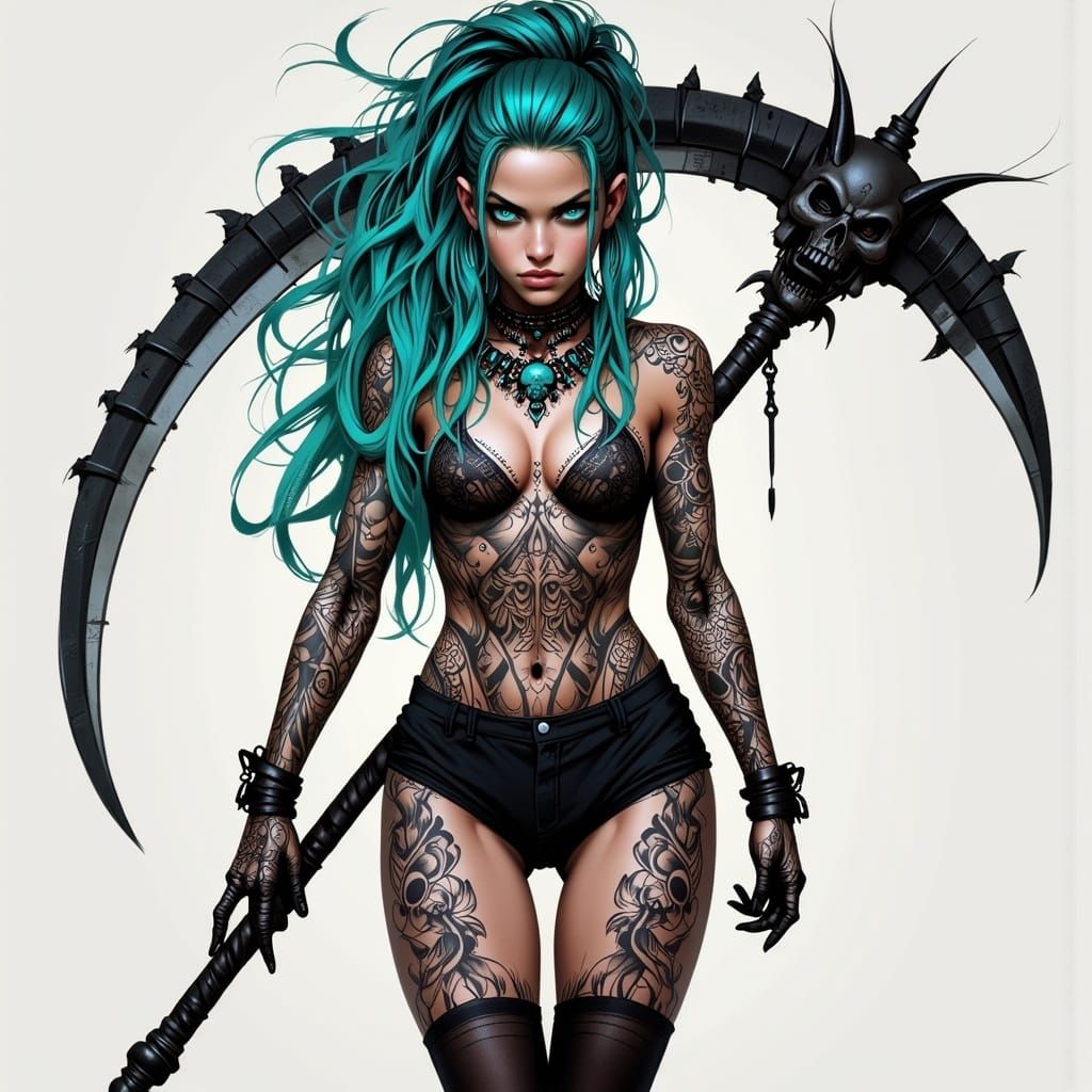 Skull Tattoo Witch with Scythe as Digital Art