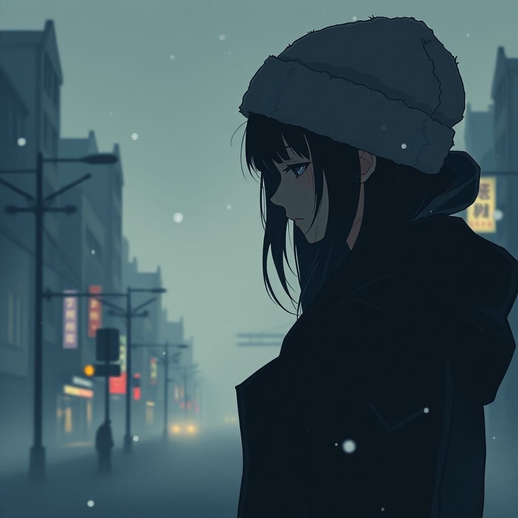 Sombre Cityscape in Winter, Woman Lost in Thought
