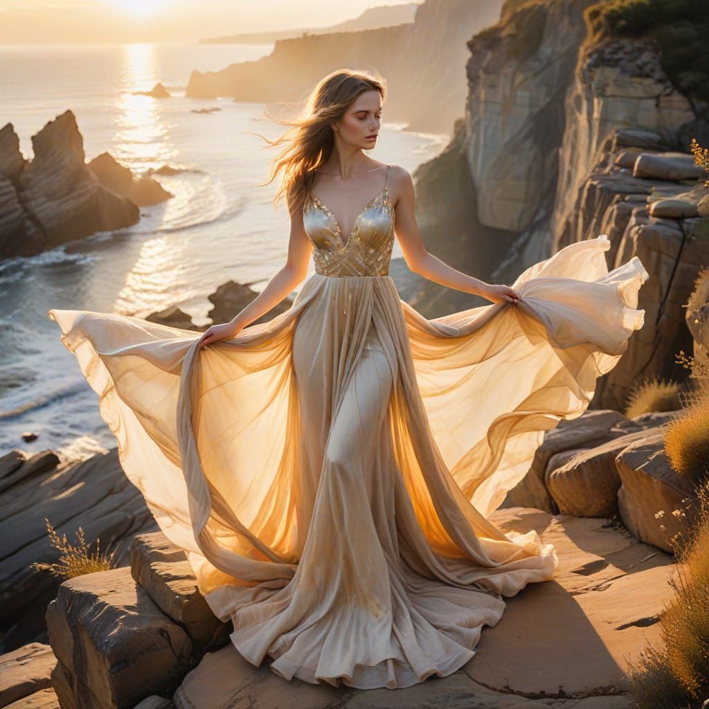 Woman on Precipice in Flowing Gown, Ethereal Watercolor