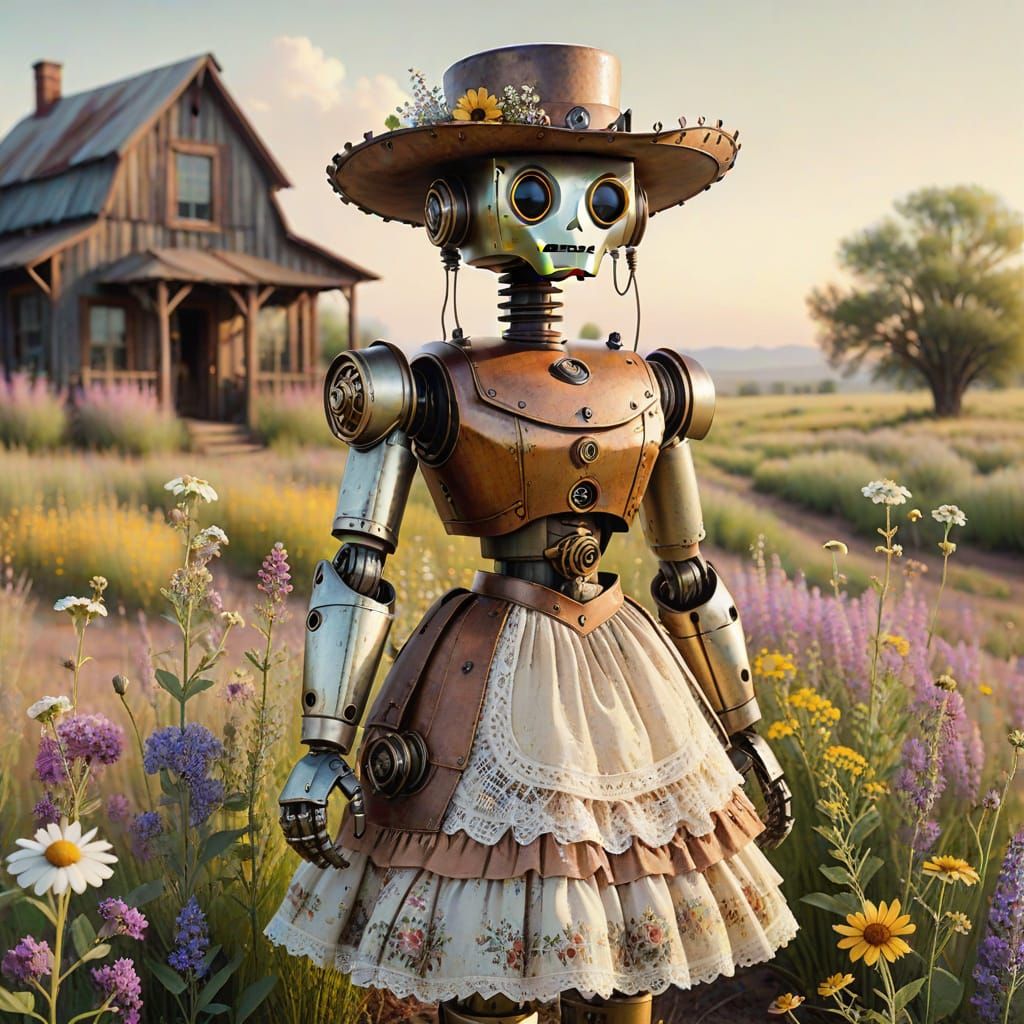 Whimsical Robot in Vintage Western Dress Amidst Wildflowers