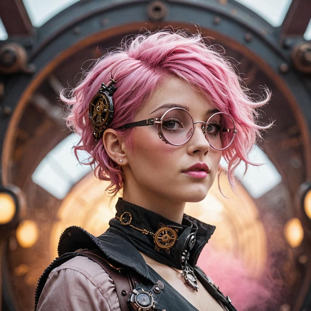 Pink-Haired Steampunk Woman Portrait