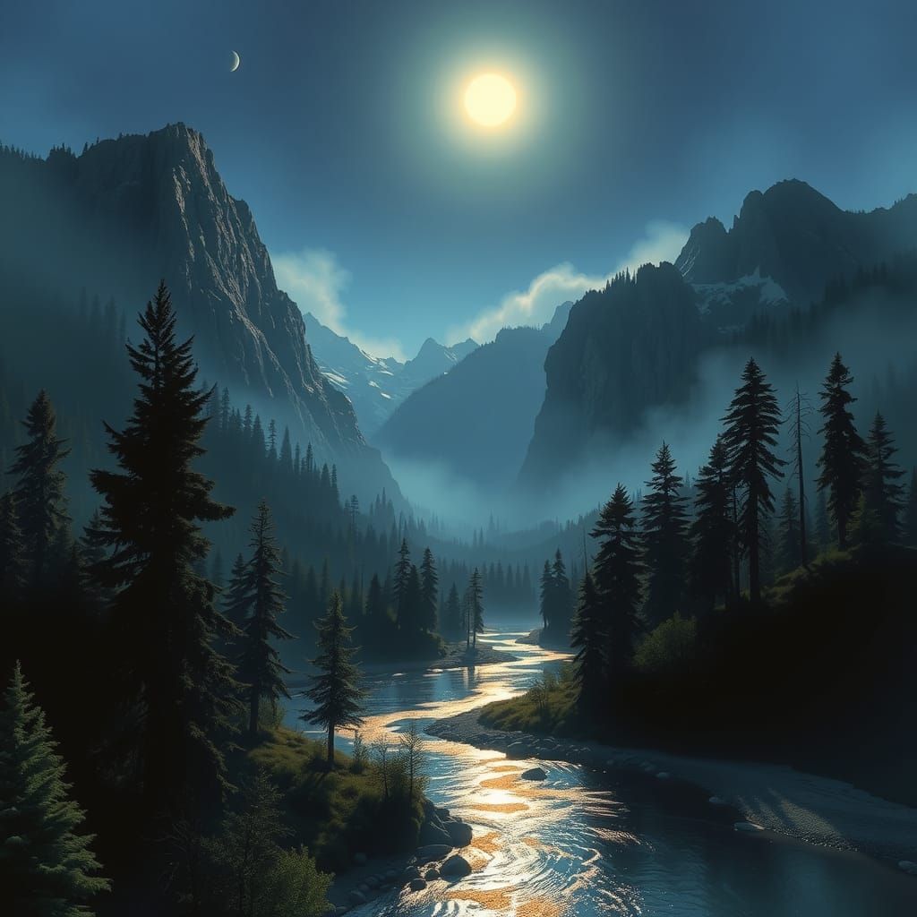 Moonlit Landscape with Mountains, Rivers and Trees