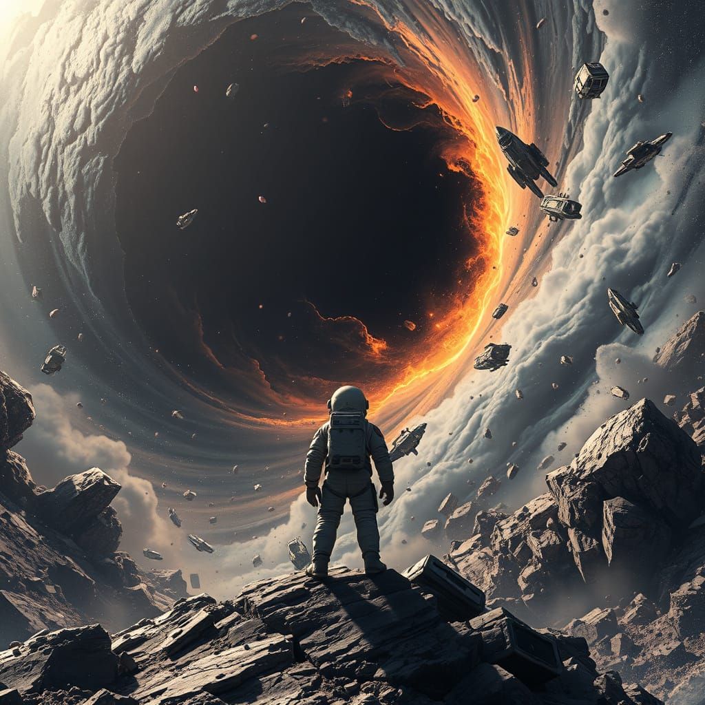 Astronaut Gazing at Black Hole in Anime Style