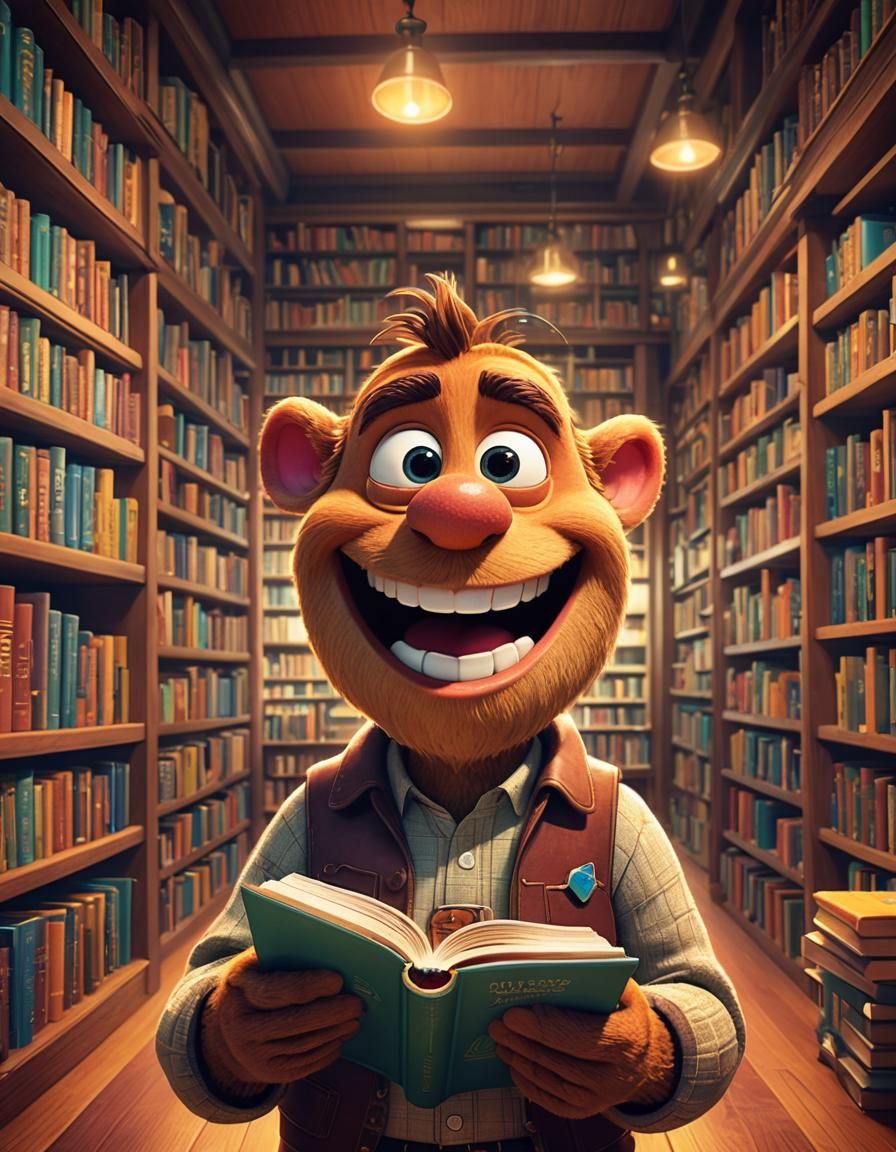 Smiling Beer Character Reads in Library, Pixar Style