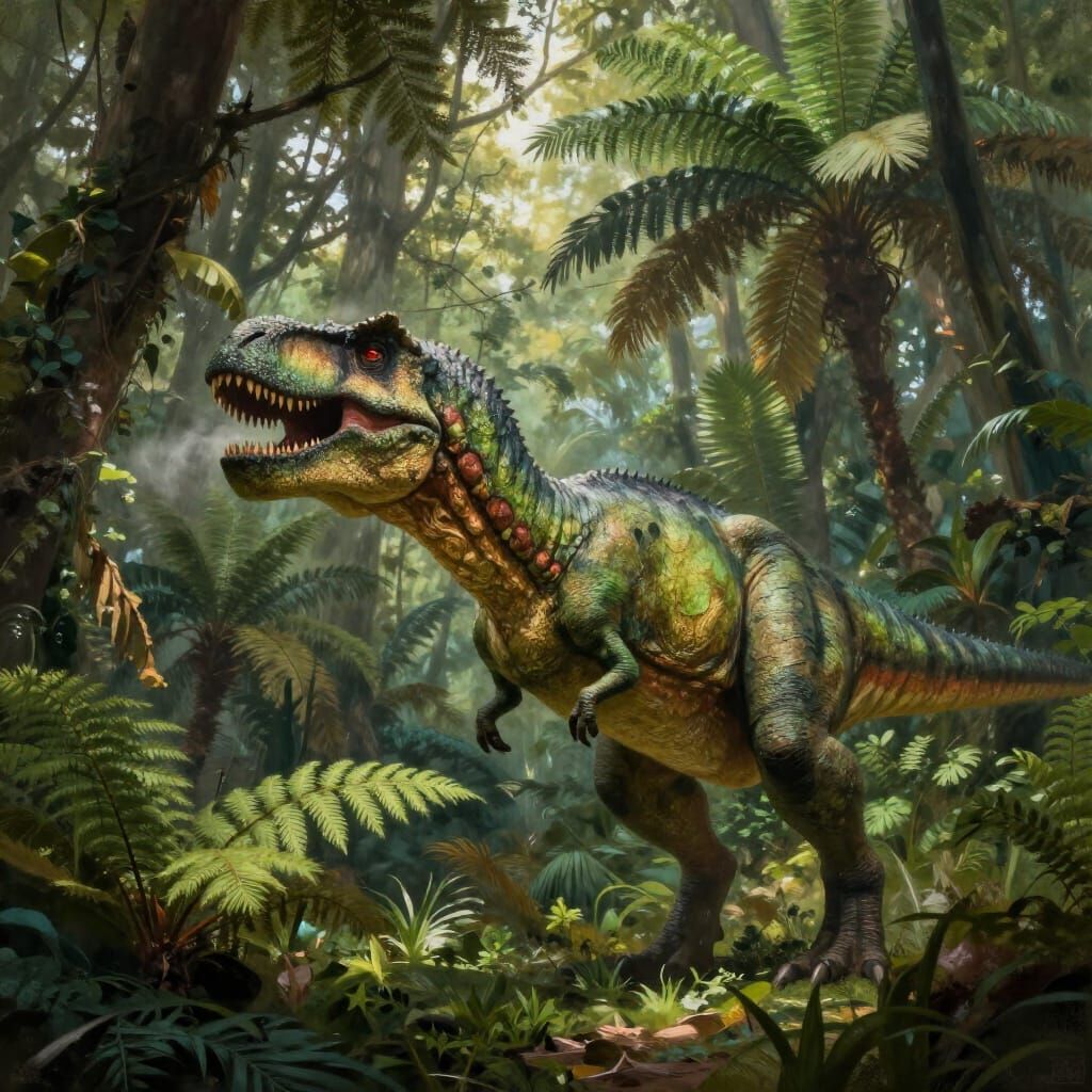 Hyperrealistic T-Rex in Ancient Forest Digital Painting