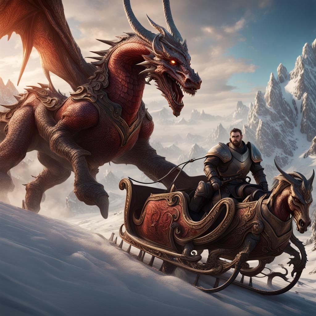 Dragon-Driven Sleigh Pulled by Pegasus: Fantasy Art