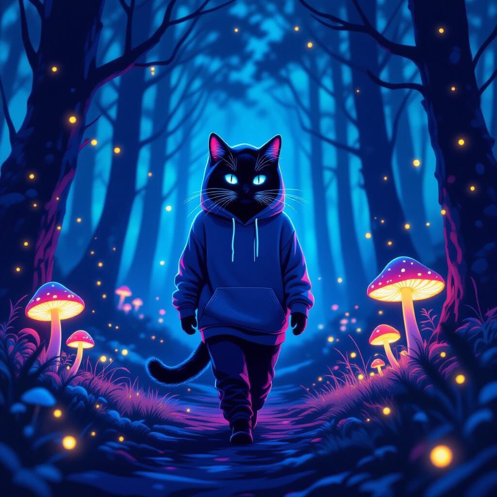 Bioluminescent Cat in Mystical Forest with Neon Accents