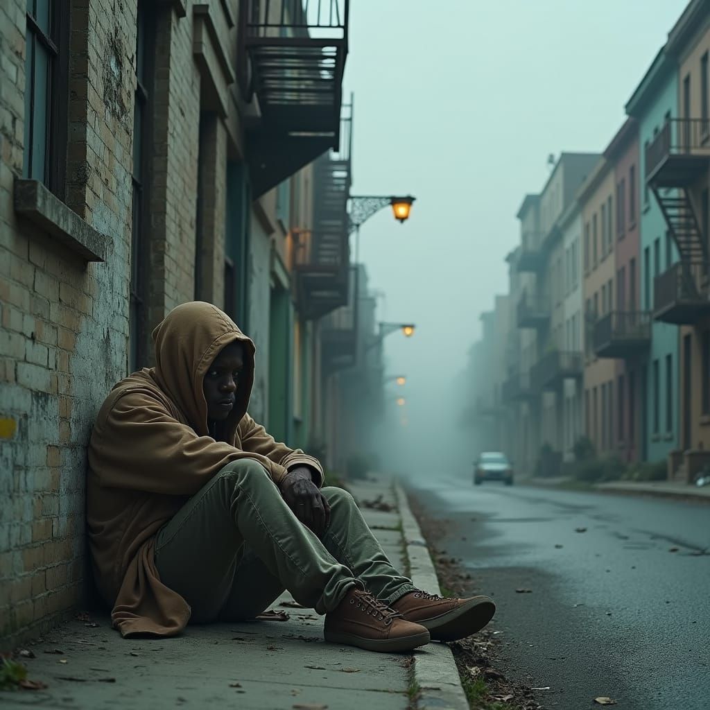 Desolate Figure in Run-Down Cityscape