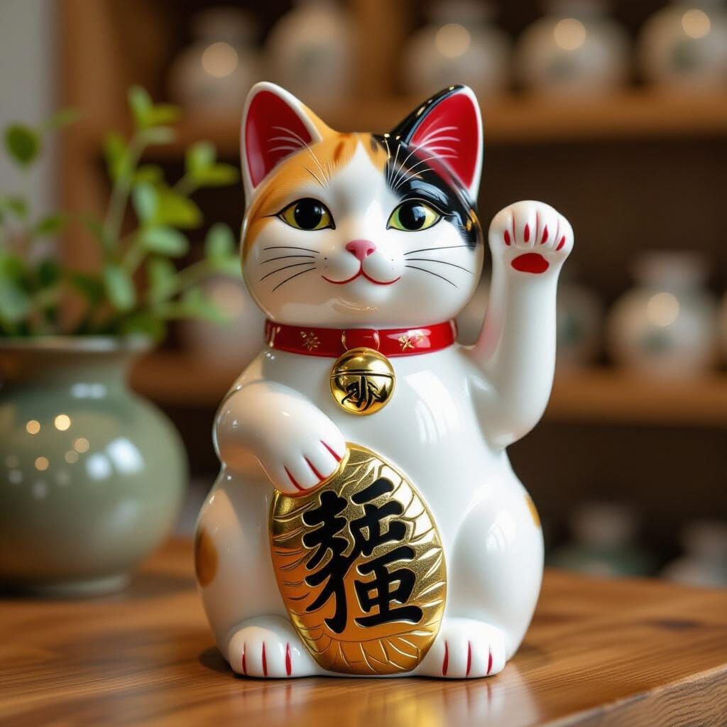 White Marble Maneki Neko Cat with Gold Veins