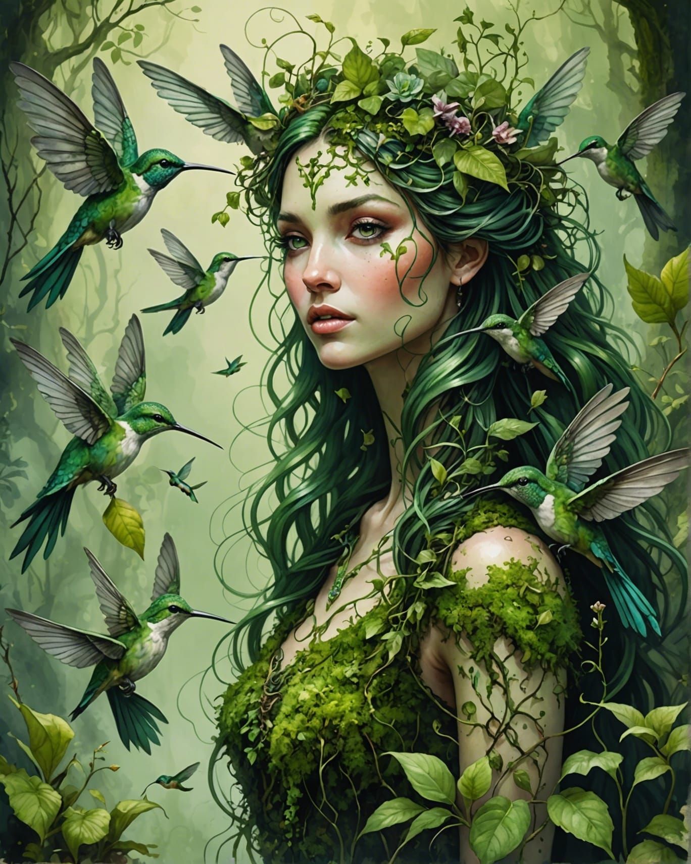 Whimsical Moss Nymph with Hummingbirds in Watercolor