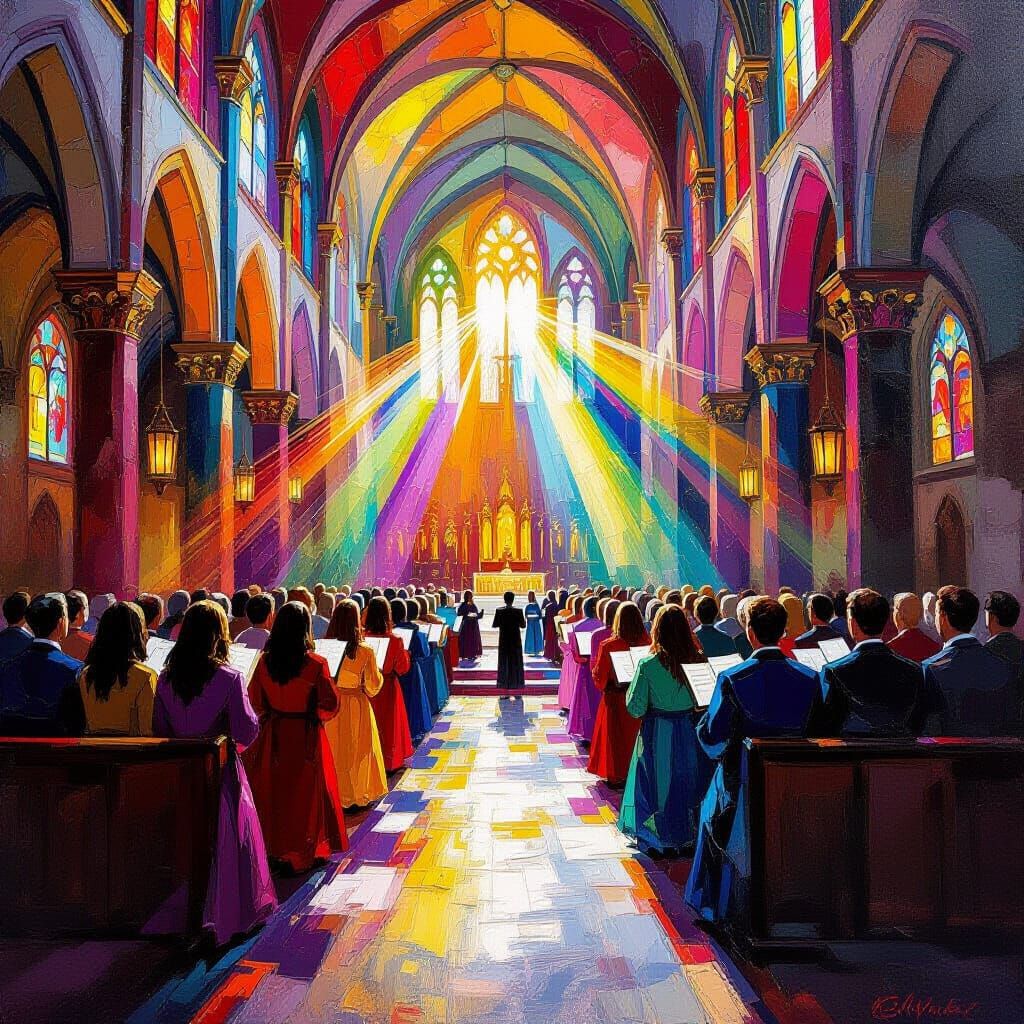 Impasto Oil Painting of Choir in Sunlit Cathedral