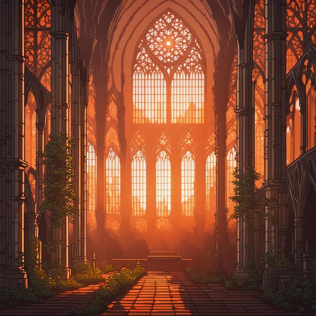 Overgrown Gothic Cathedral Interior in 8-bit Pixel Art