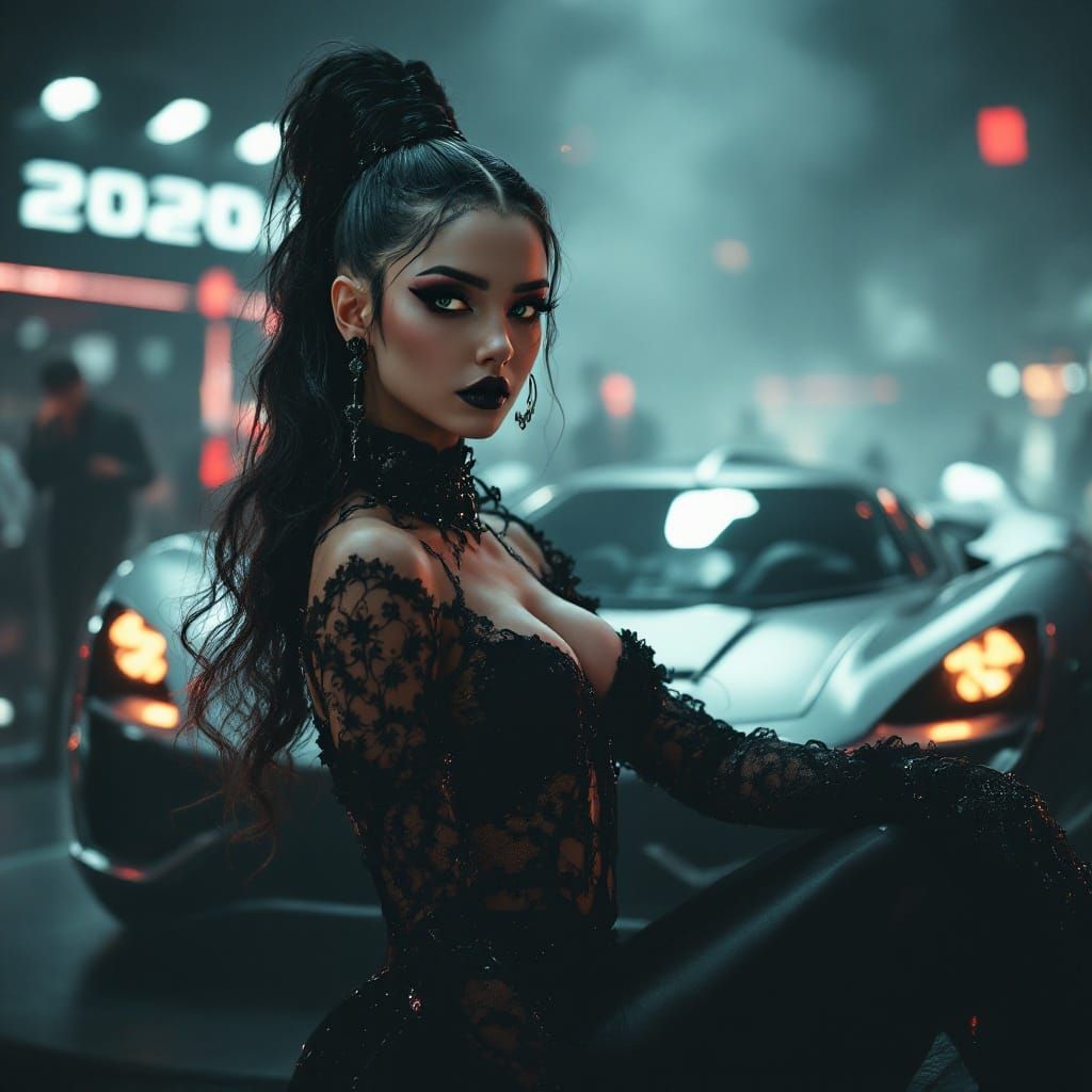 Futuristic Model at Car Show in Dark Fantasy Style