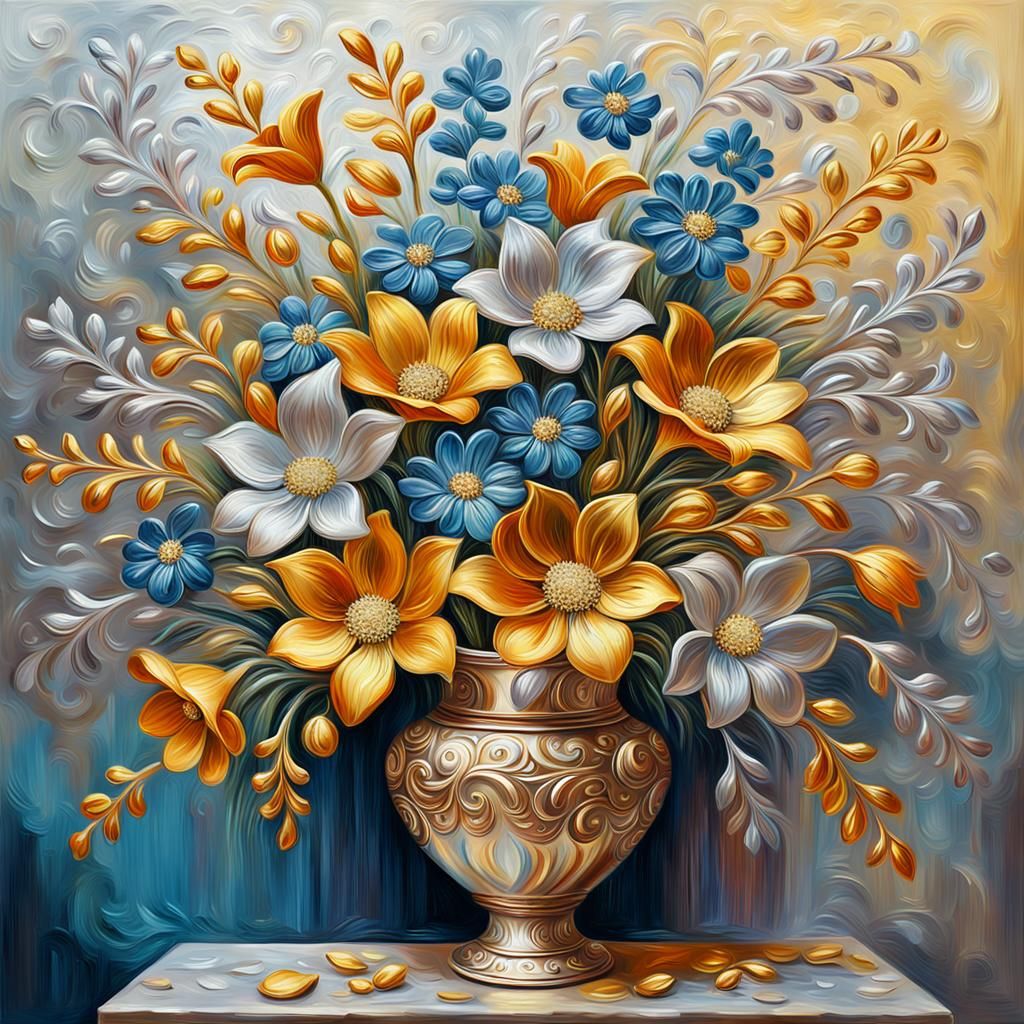 Gold and Silver Flowers in Surreal Impasto Oil Painting