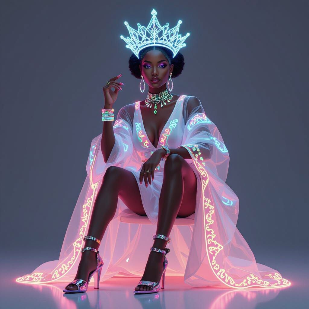 Elegant AI Female with Neon Embroidery in Futuristic Style