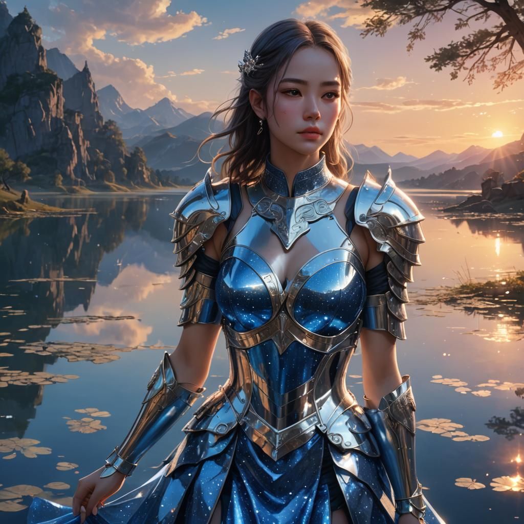 Woman in Blue Dress Emerging From Mirrored Lake