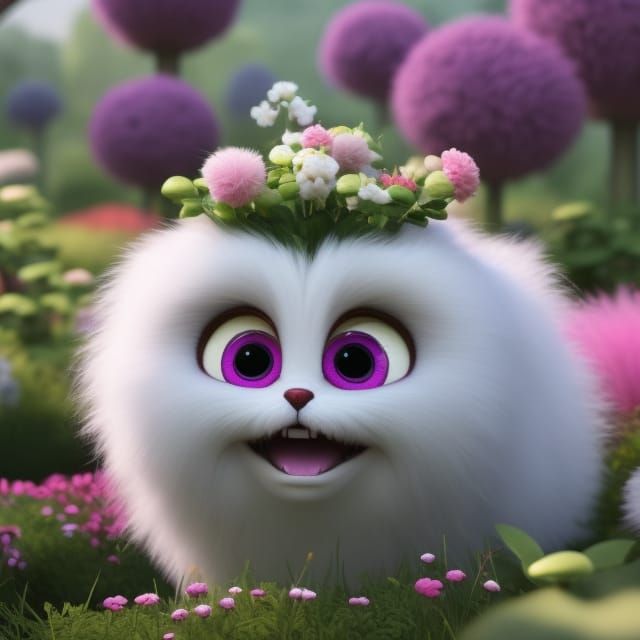 Adorable Fluffy Monster in Flower Field: 3D Digital Art