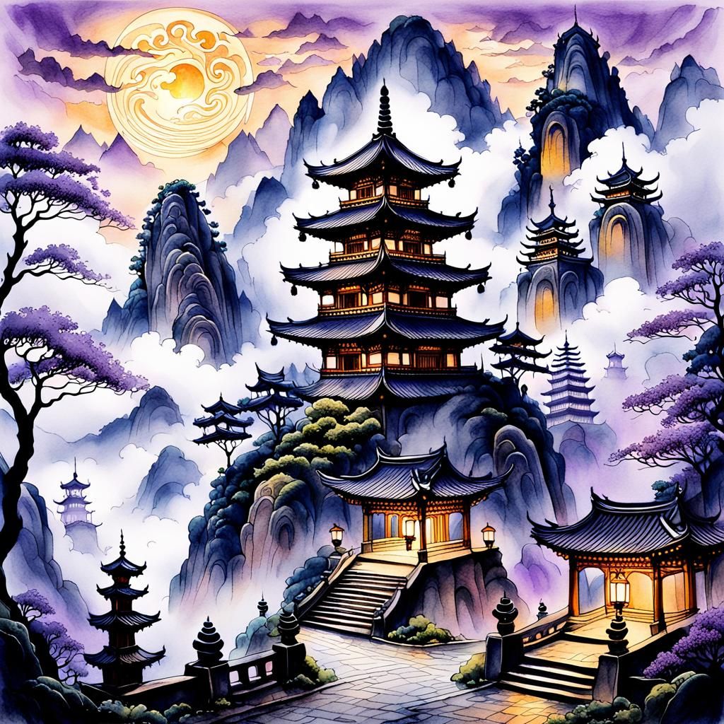 Misty Mountaintop Temple: Ink and Watercolor Drawing