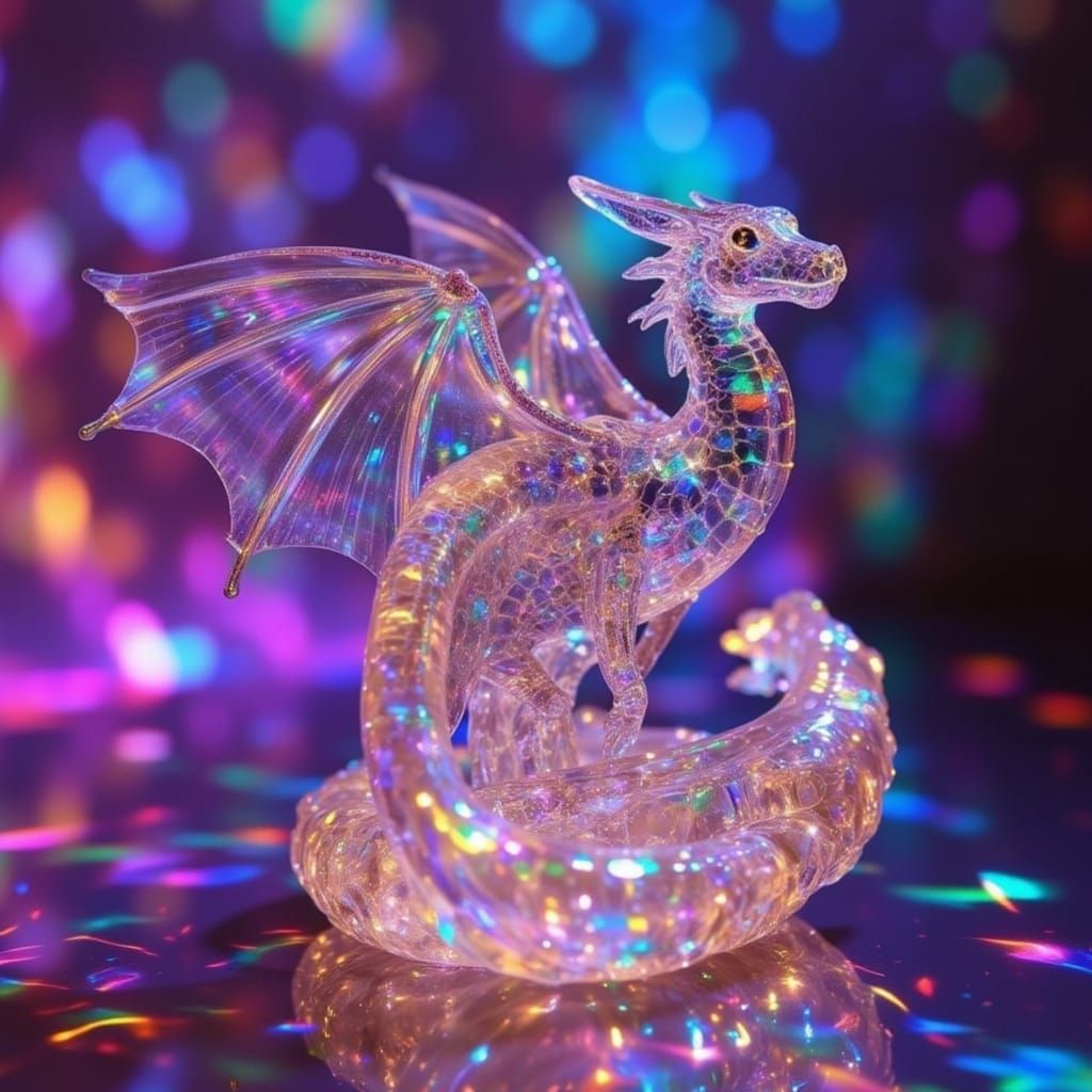 a crystal dragon with prism light refracting off of it