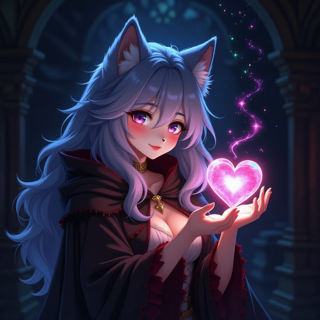 Anime Wolf Character Blushing in Dark Fantasy Room