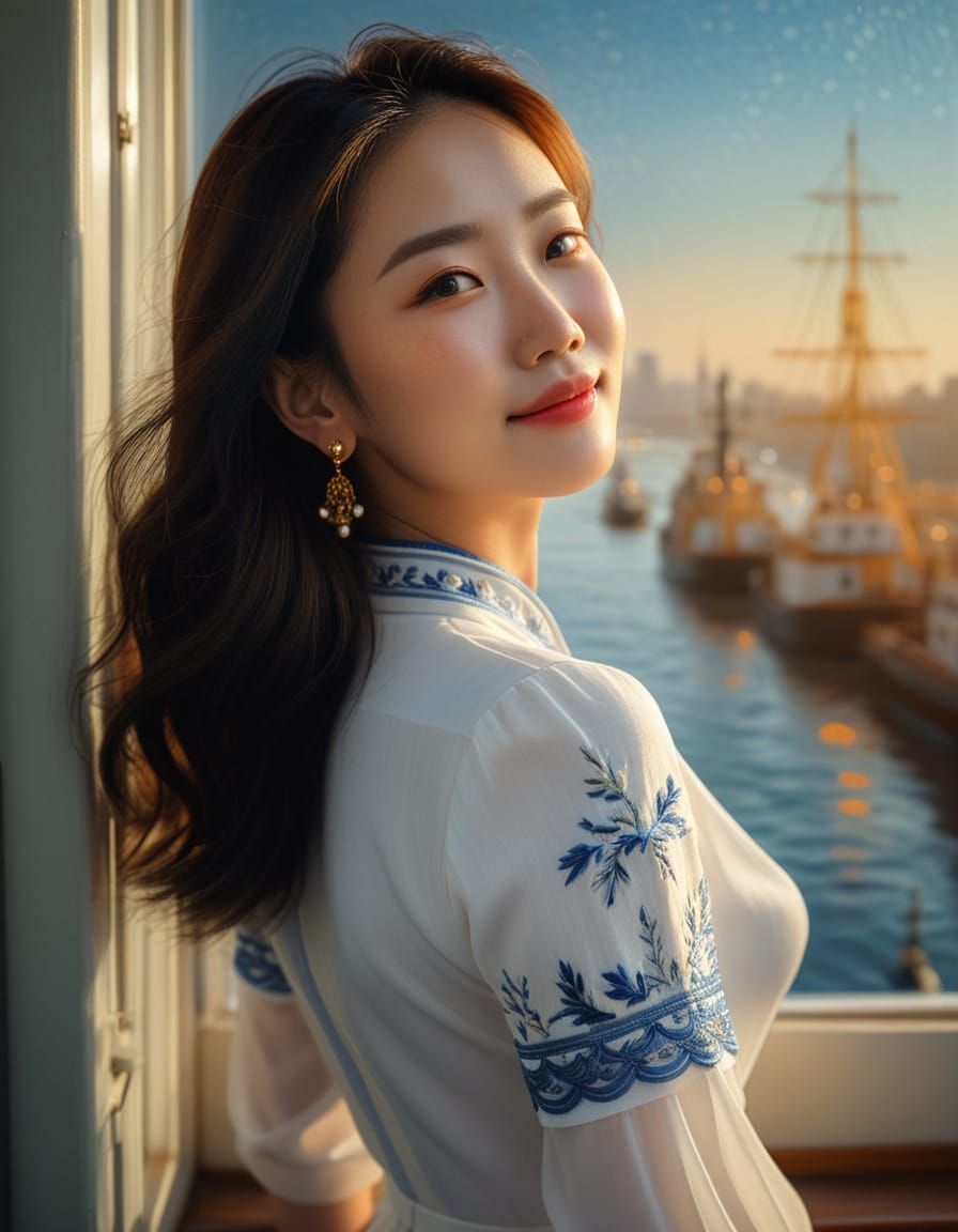 Oil Painting of Korean Woman in Golden Hour Light
