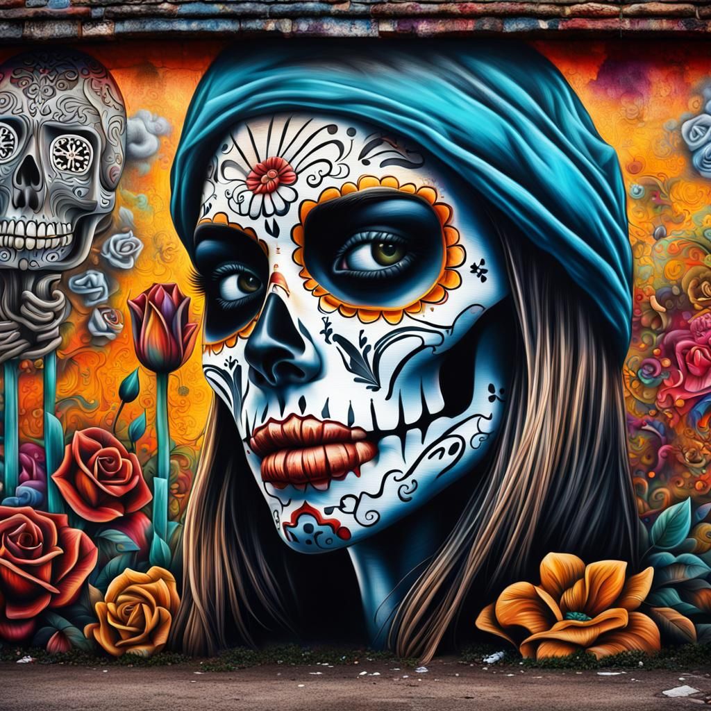 Colorful Day of the Dead Graffiti Mural