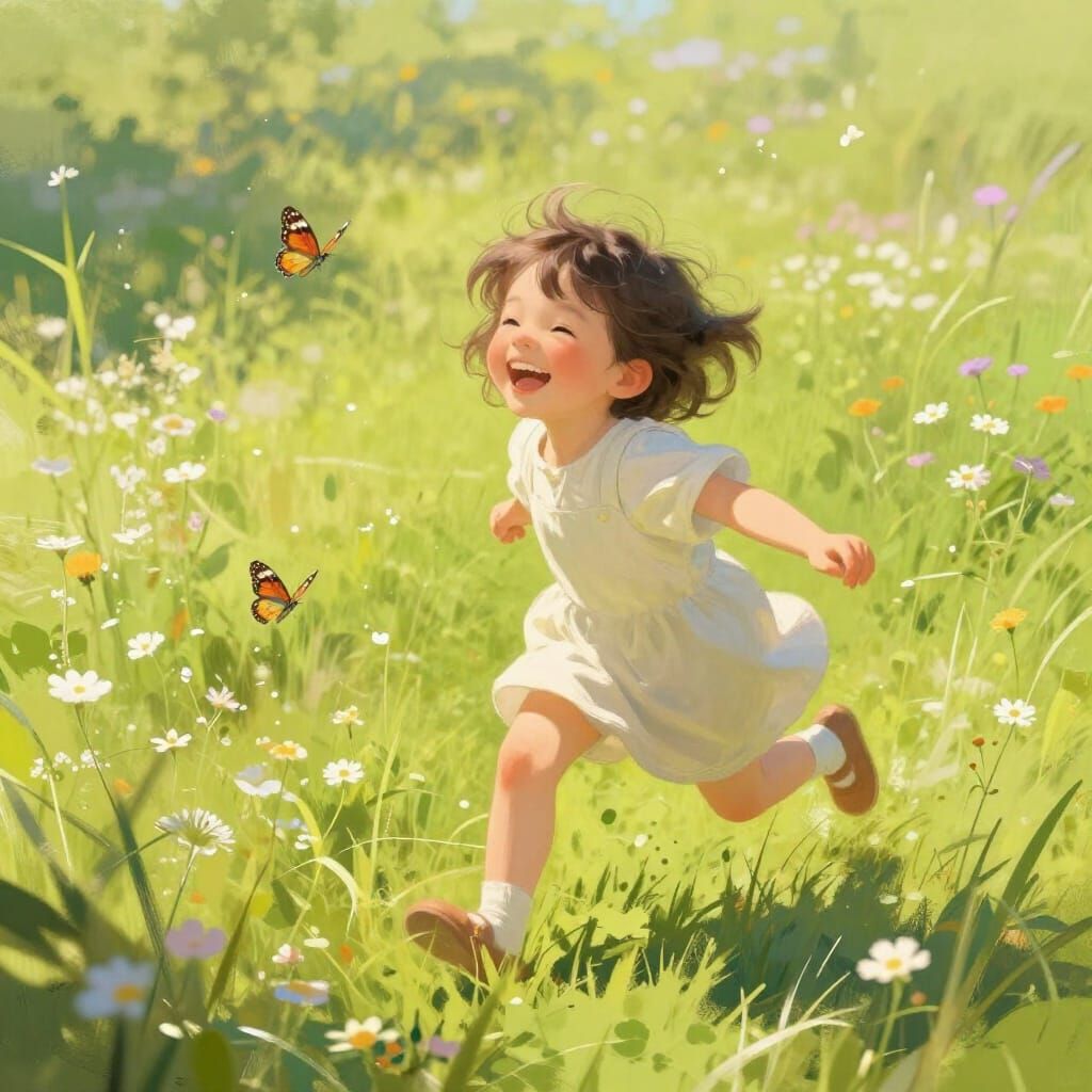 Child Chasing Butterfly in Sunlit Meadow