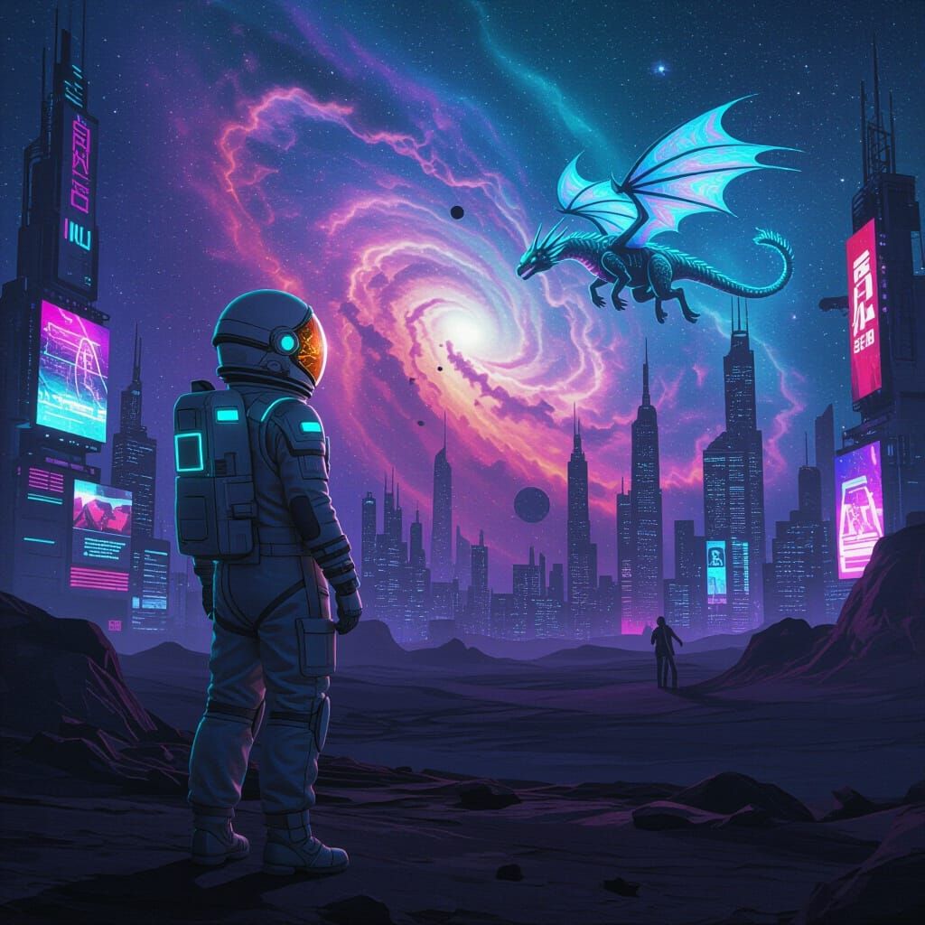 Astronaut and Dragon in Retro-Futuristic Cyberpunk City