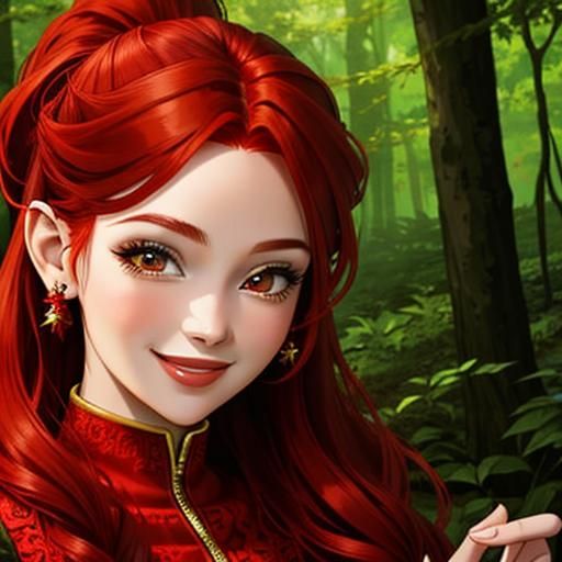Smiling Fire Fairy in a Magical Forest