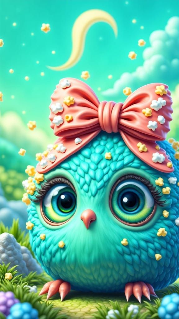 Cute Cartoon Monster with Bow in Pop-Surrealism Style