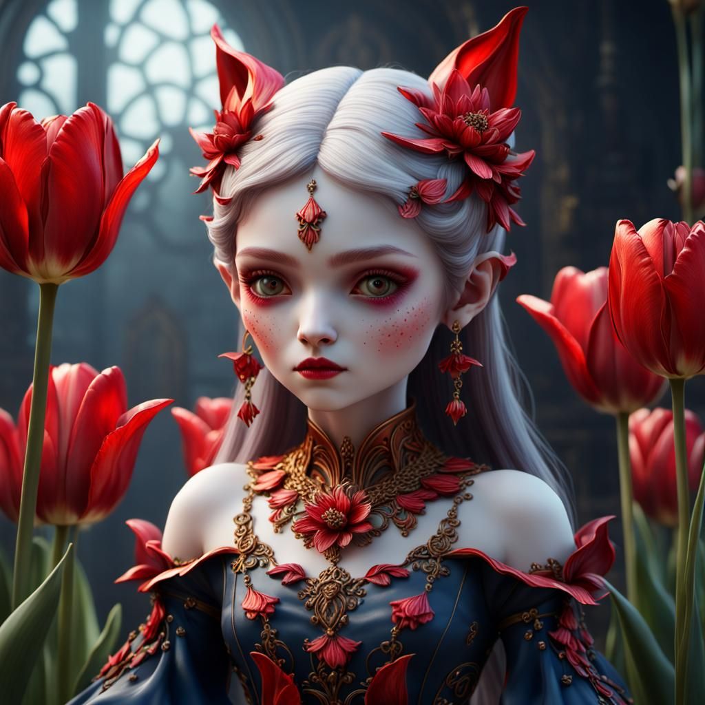 Red Tulip Porcelain Fae Doll: Fantasy Art