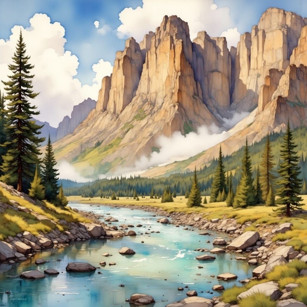 Majestic Tan Mountains in James Gurney Style Oil Painting
