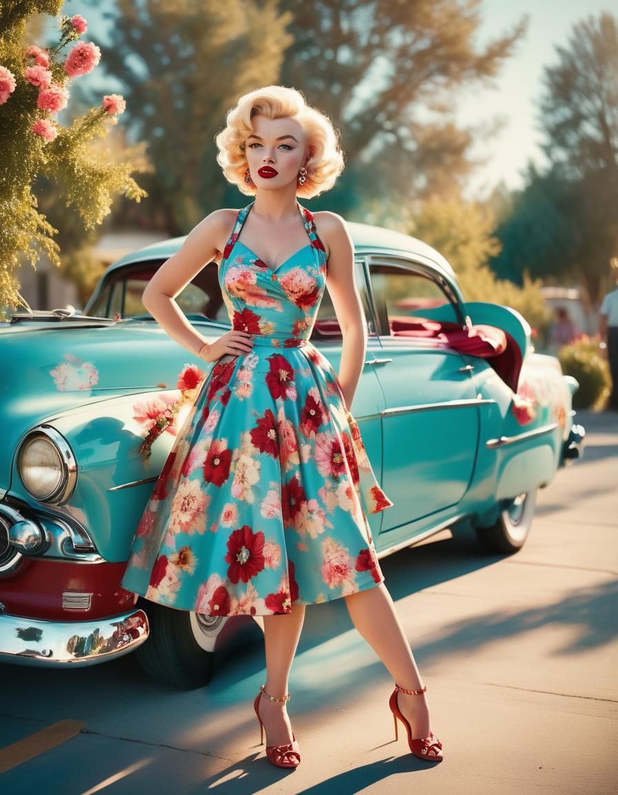 Vintage Fashion Model in 50s Car, Retro Glamour