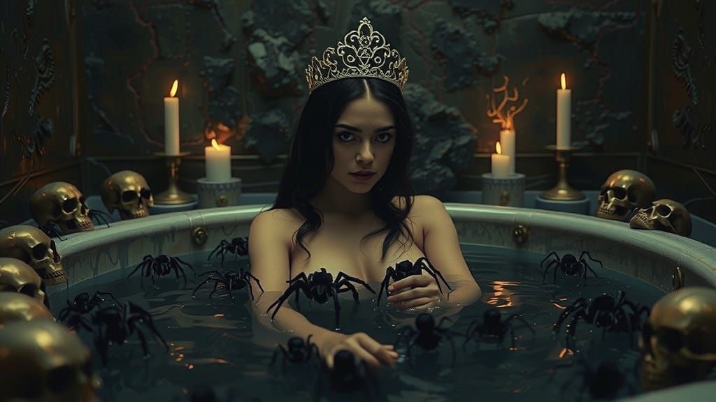 Dark Elf Princess Bathtub Scene with Spiders and Skulls