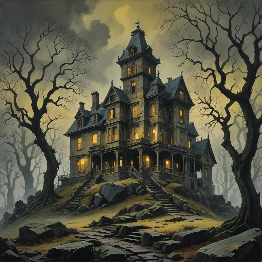 Eerie Mansion Landscape in Expressionist Style