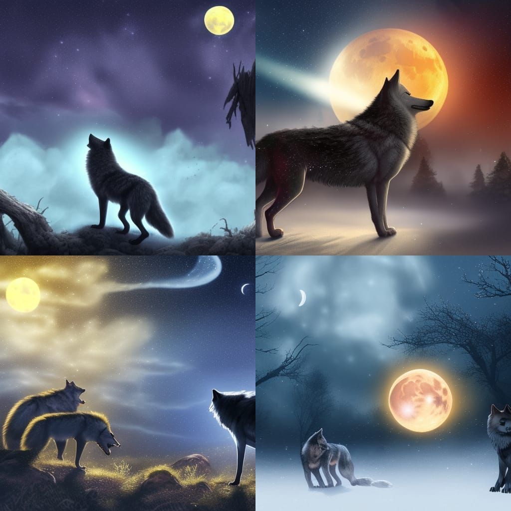 Wolf Howling at Moon, Detailed Fantasy Art