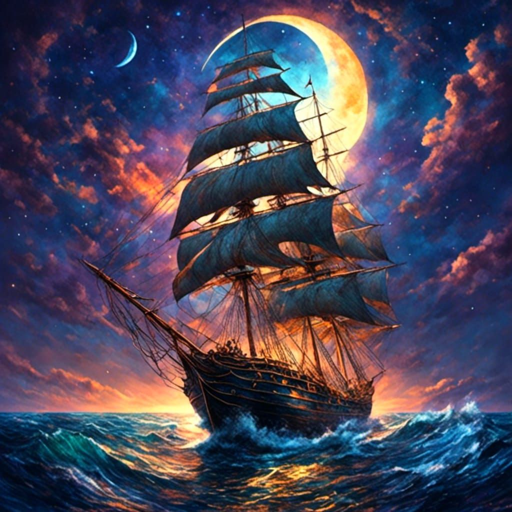Sailing Ship at Night Under Starry Sky