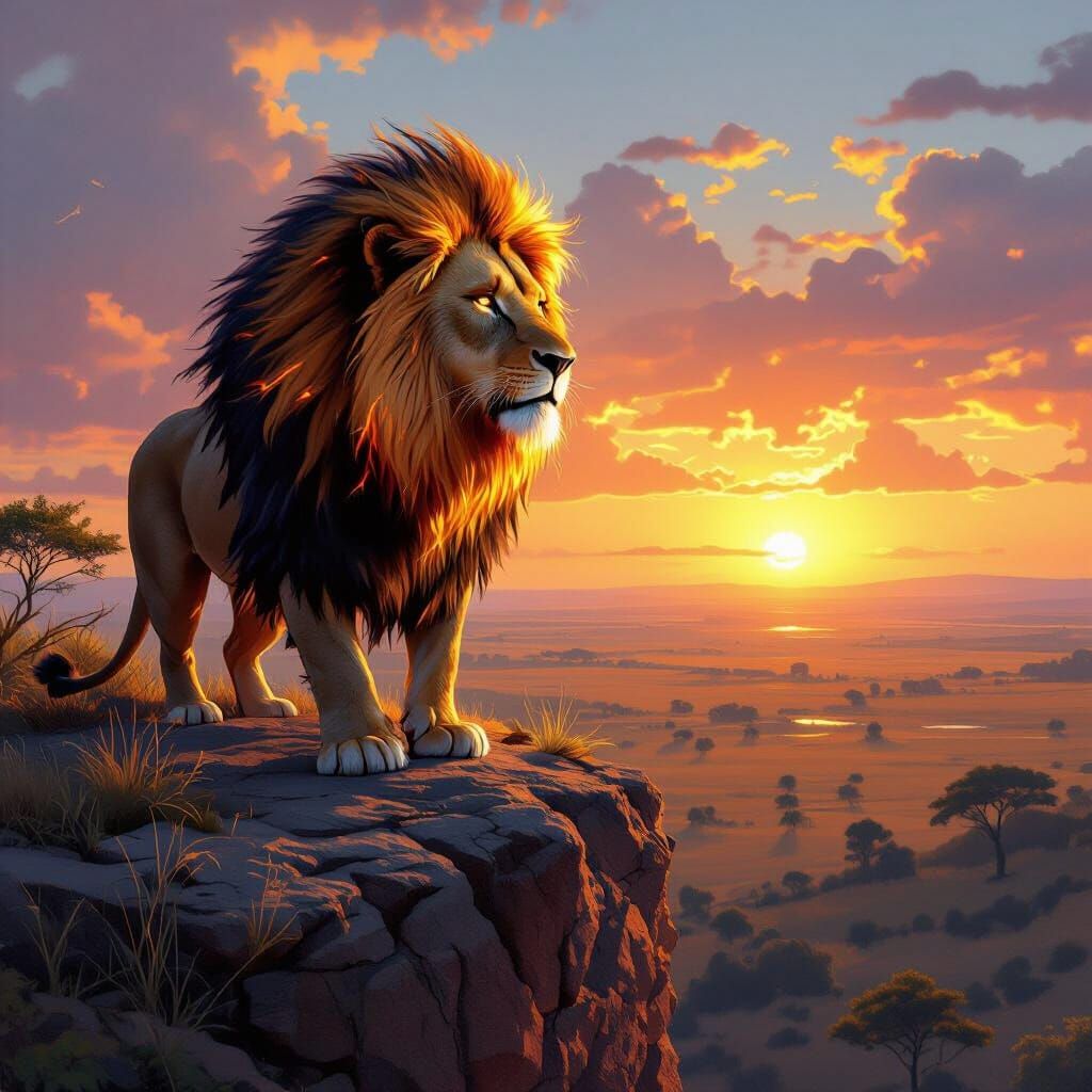 Lion with Flaming Mane Overlooking Savannah in Hyperrealisti...