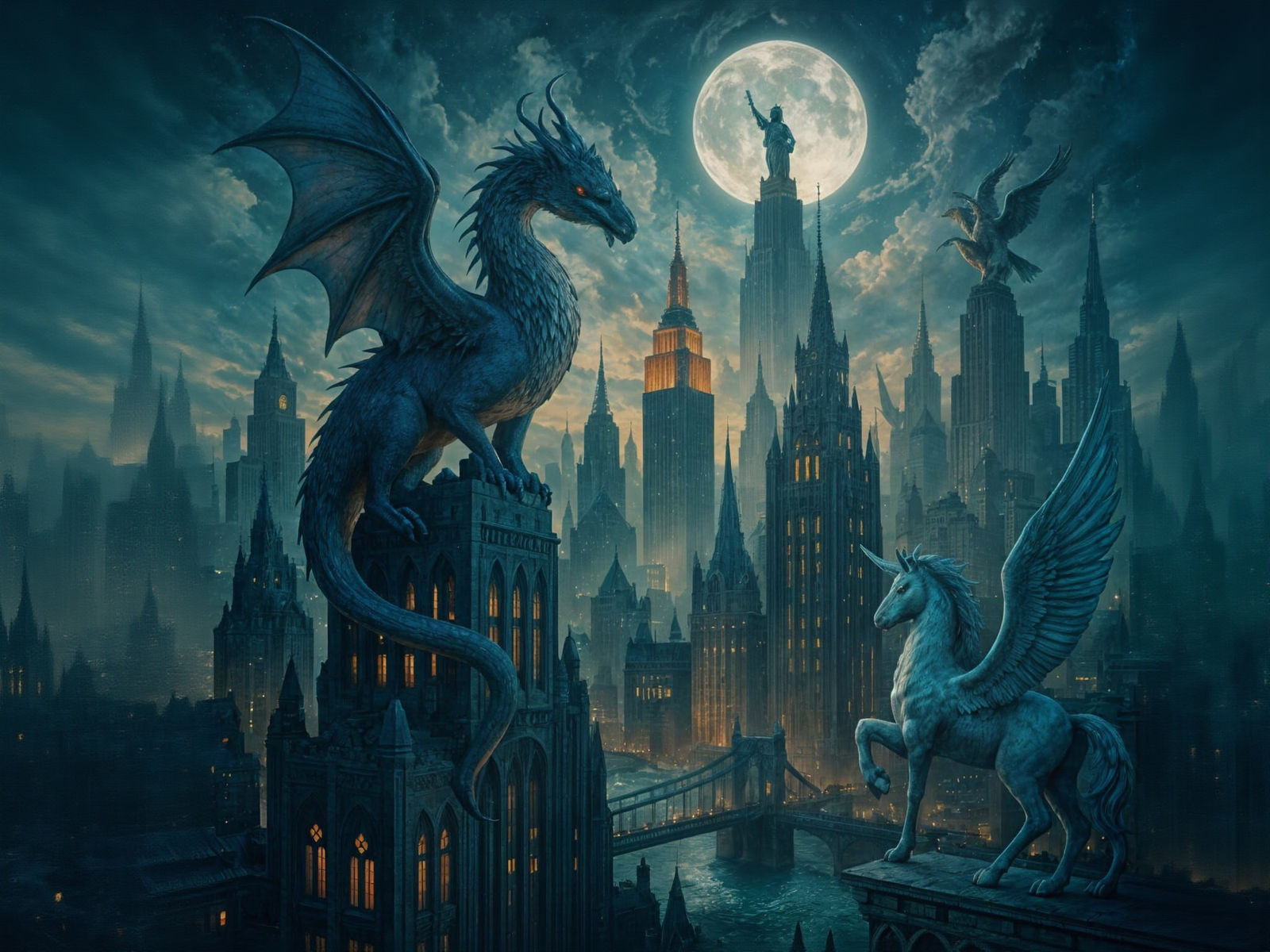 Mythical Manhattan Skyline at Dusk