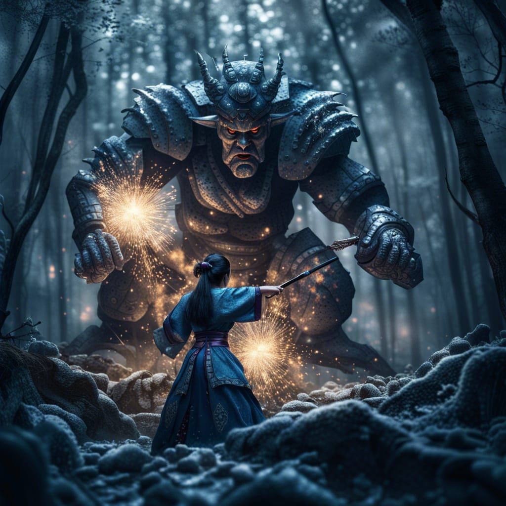 Epic Battle: Stone Golem vs Geisha in Winter Forest