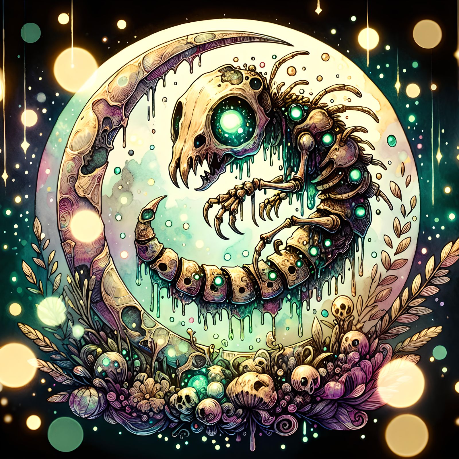 Eldritch Horror Meets Fairycore in Watercolor Scythe Moon