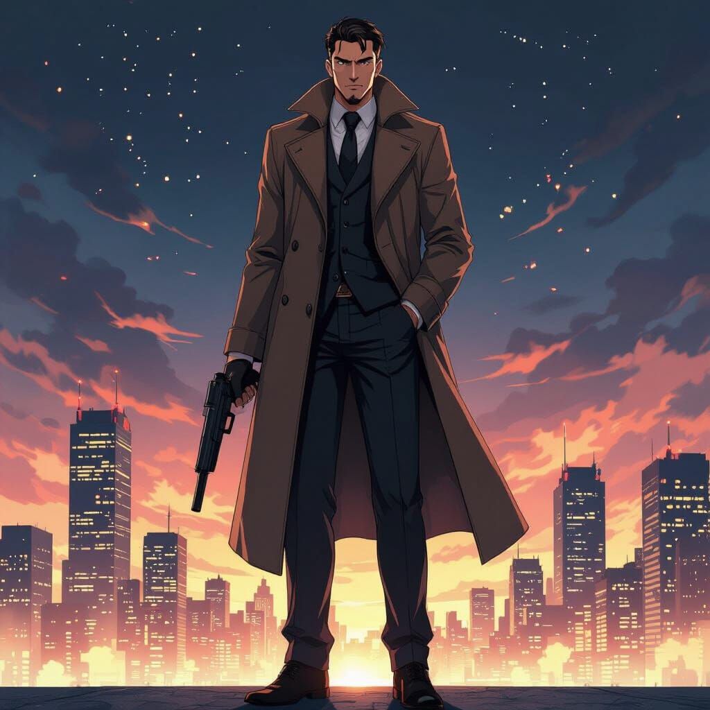 Anime Style Man with Gun in Cityscape