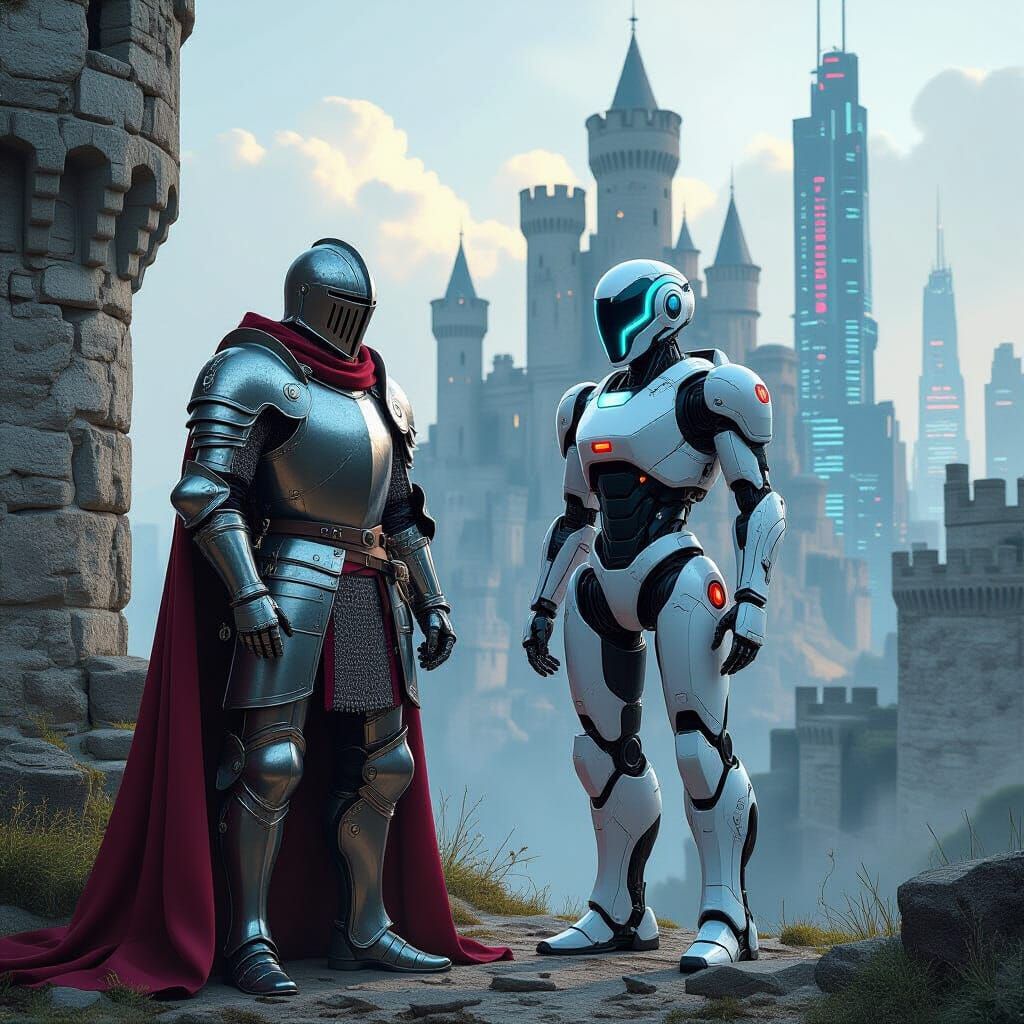 Knight and Robot Friends in Dystopian Future City