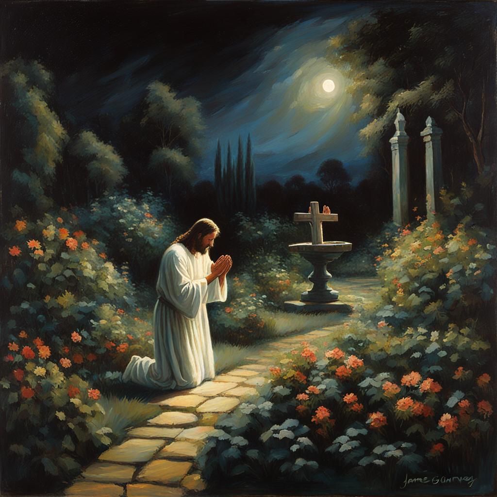 Christ Praying in Garden at Night as Oil Painting