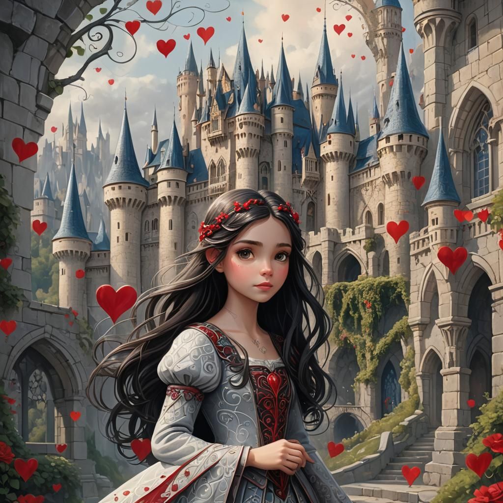 Fairytale Castle Scene with Young Girl, Mystical Atmosphere