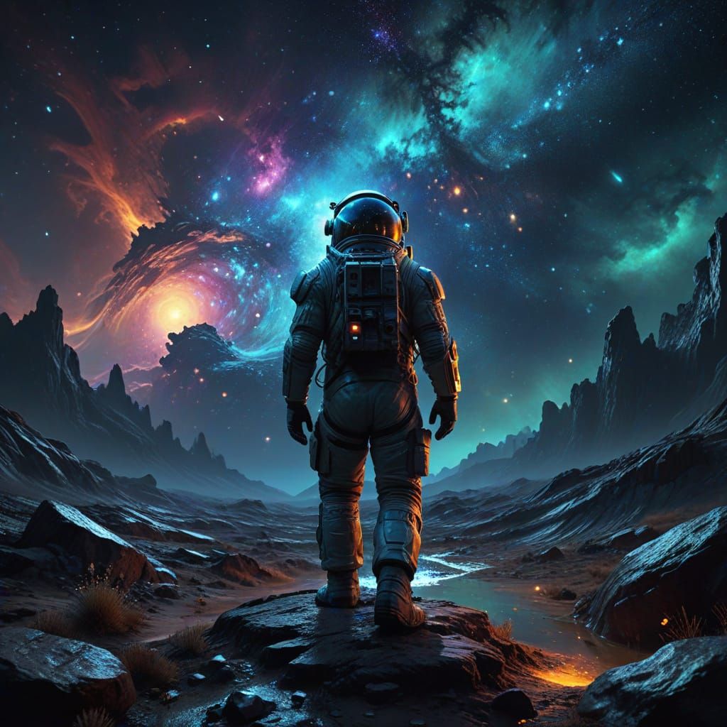 Astronaut Gazing at Nebula as Oil Painting