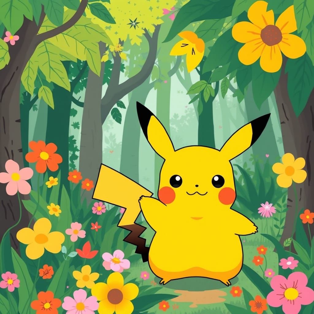 Surreal Pikachu in Whimsical Forest Landscape