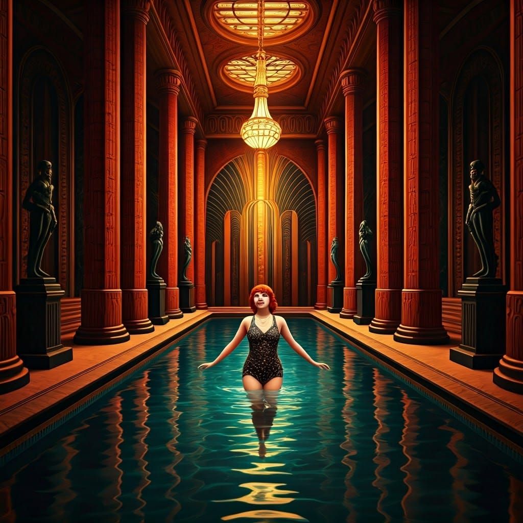 Art Deco Swimmer in Geometric Pool