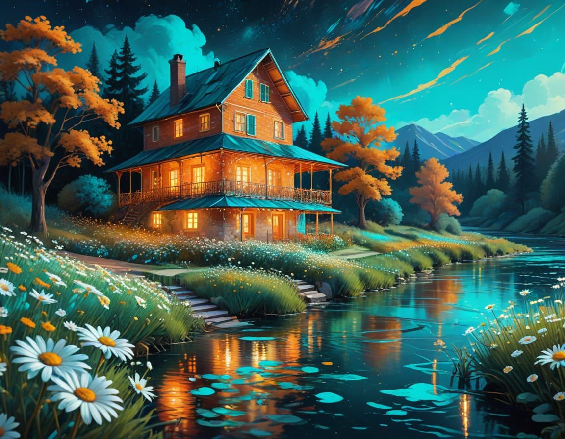 House by River with Daisies in Abstract Watercolor