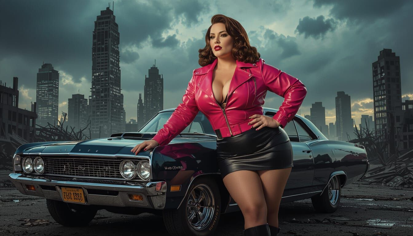 Plus-Size Pin-Up Woman Poses with Muscle Car in Post-Apocaly...